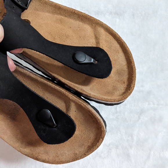 Bio Bio Black Genuine Leather Adjustable Buckle Thong Cork Bed Sandals - Picture 2 of 12